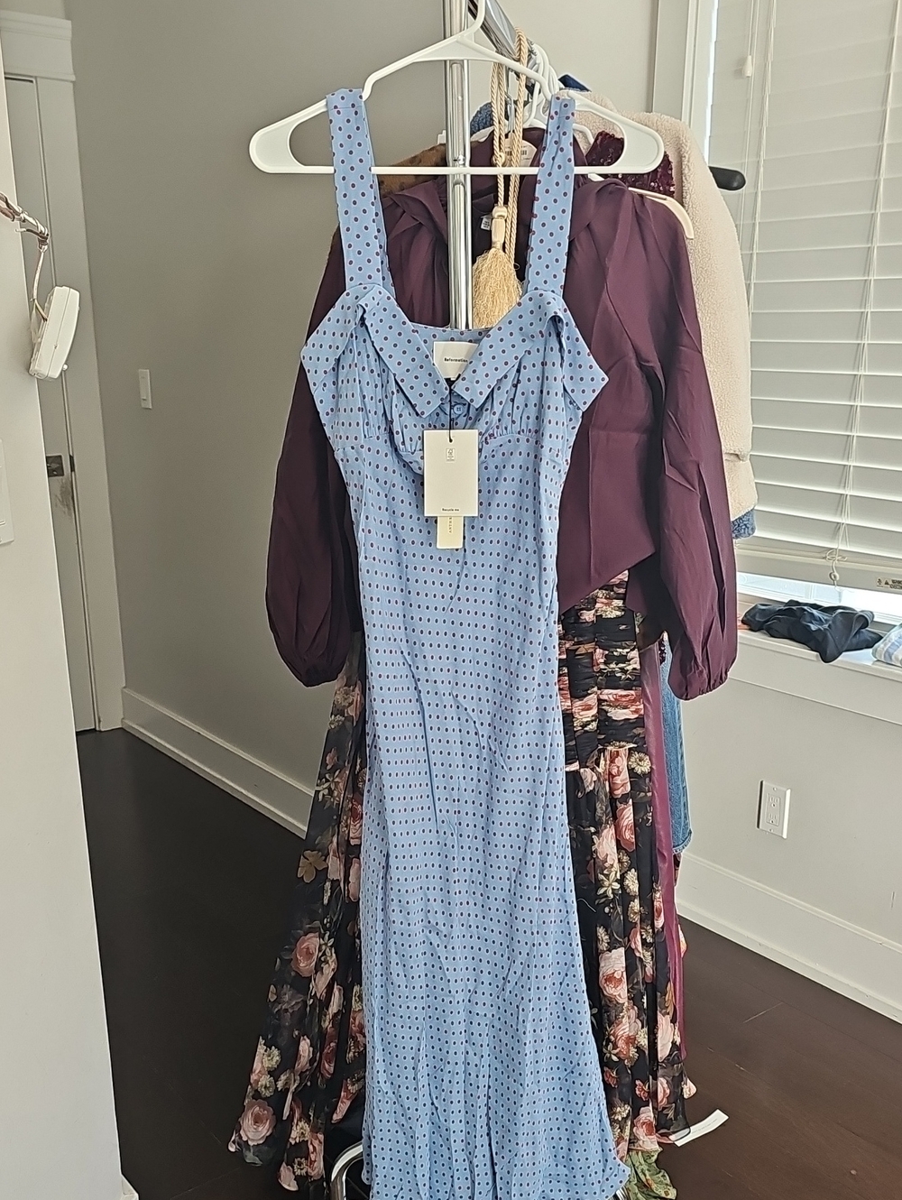 Reformation Light Blue Polka Dot Maxi Dress